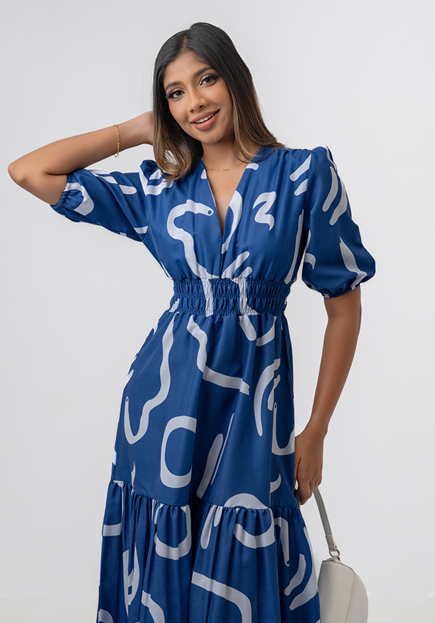 LOLA V NECK BLUE PRINTED DRESS